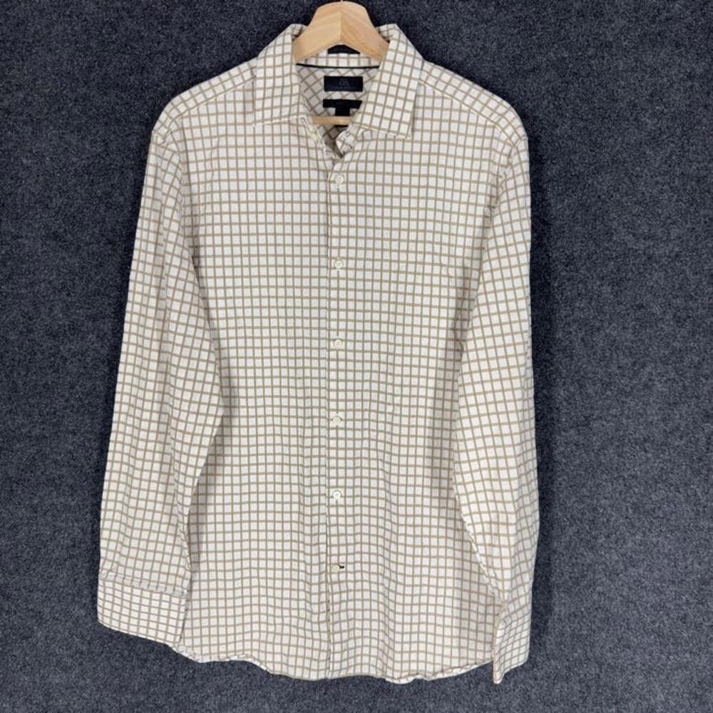 Banana Republic Shirt Men L Large White Plaid Button Up Collared Long Sleeve